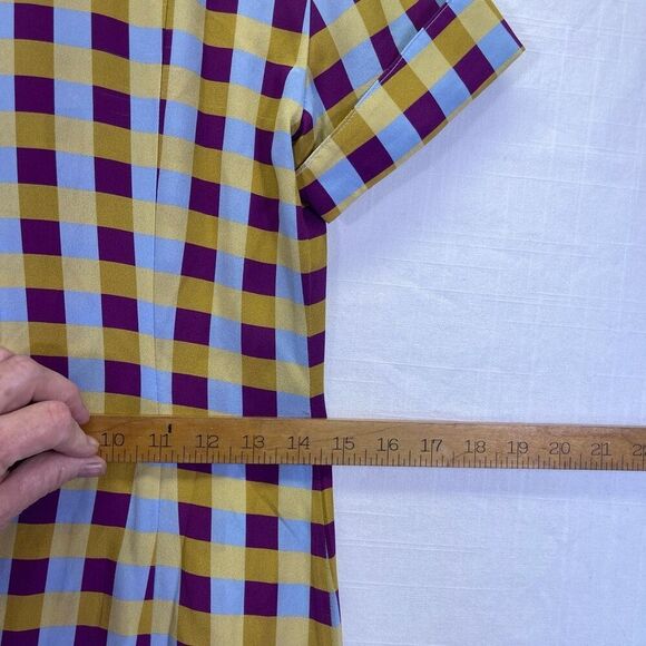 LHD Blue Plum Yellow Gingham Button Down Short Sleeve Silk Dress Size 4 - Picture 11 of 12